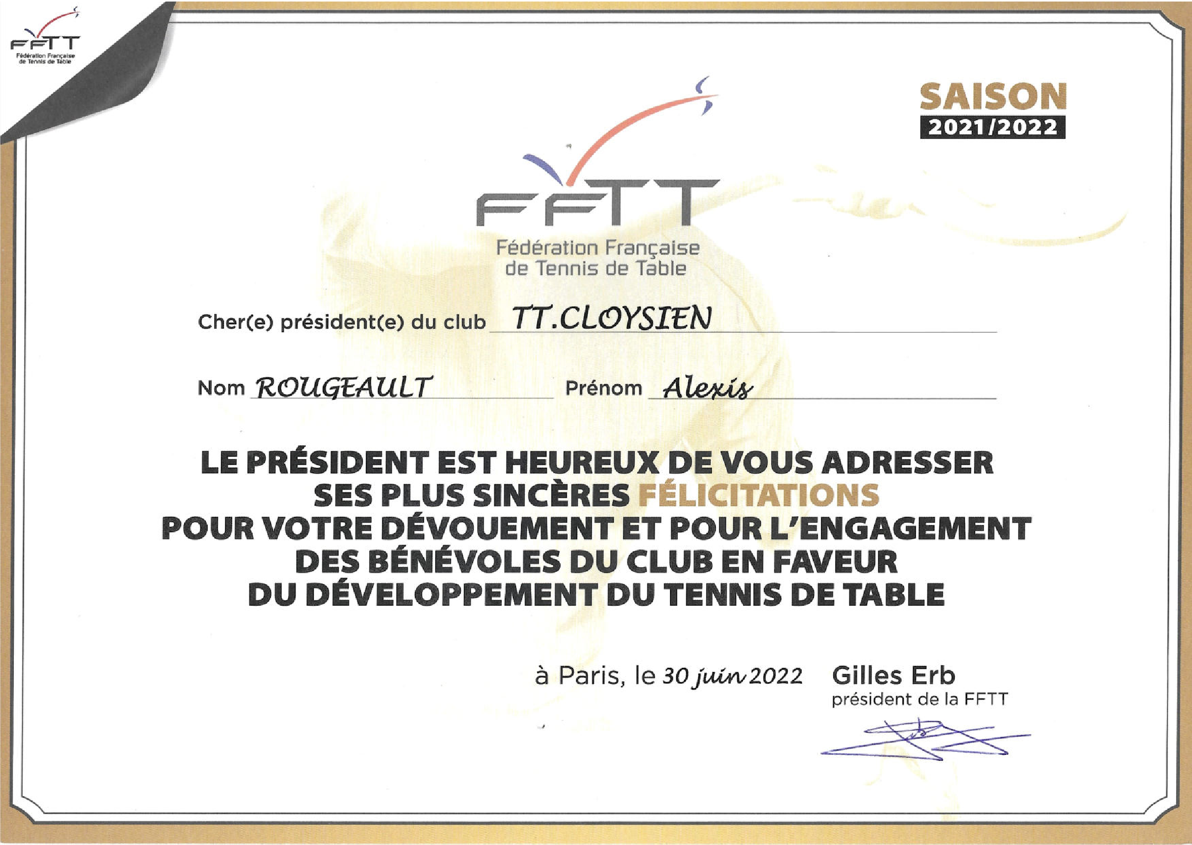  Félications du président du FFTT à l'équipe du Tennis de Table Cloysien