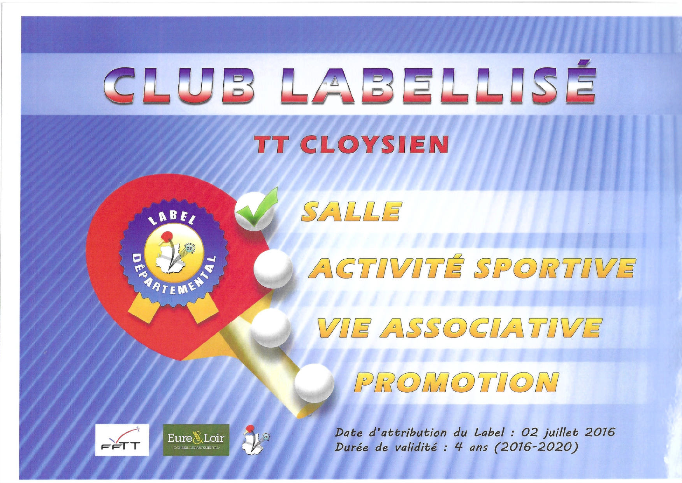 Labelisation de la salle du Tennis de Table Cloysien par la FFTT