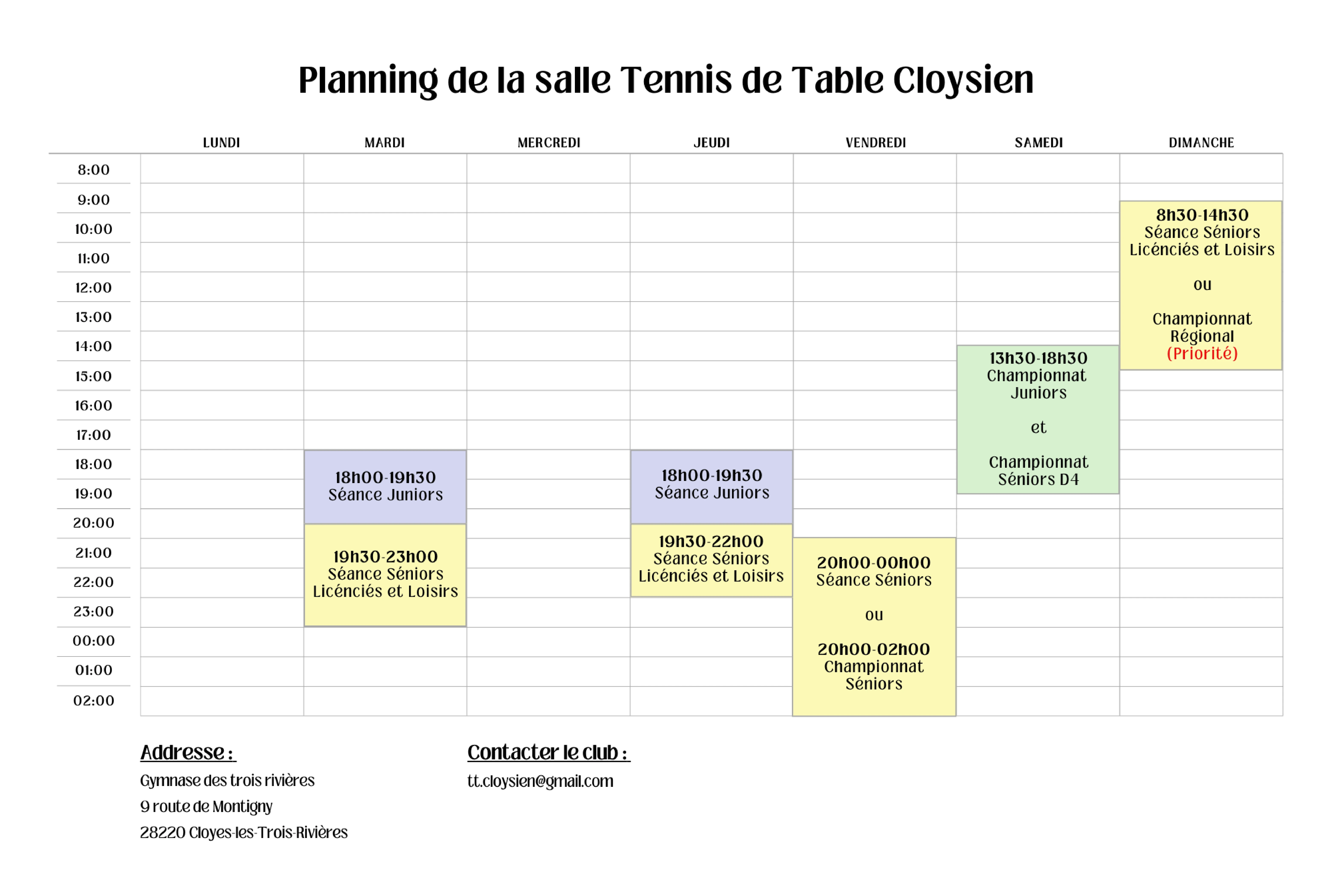 Planning de la salle